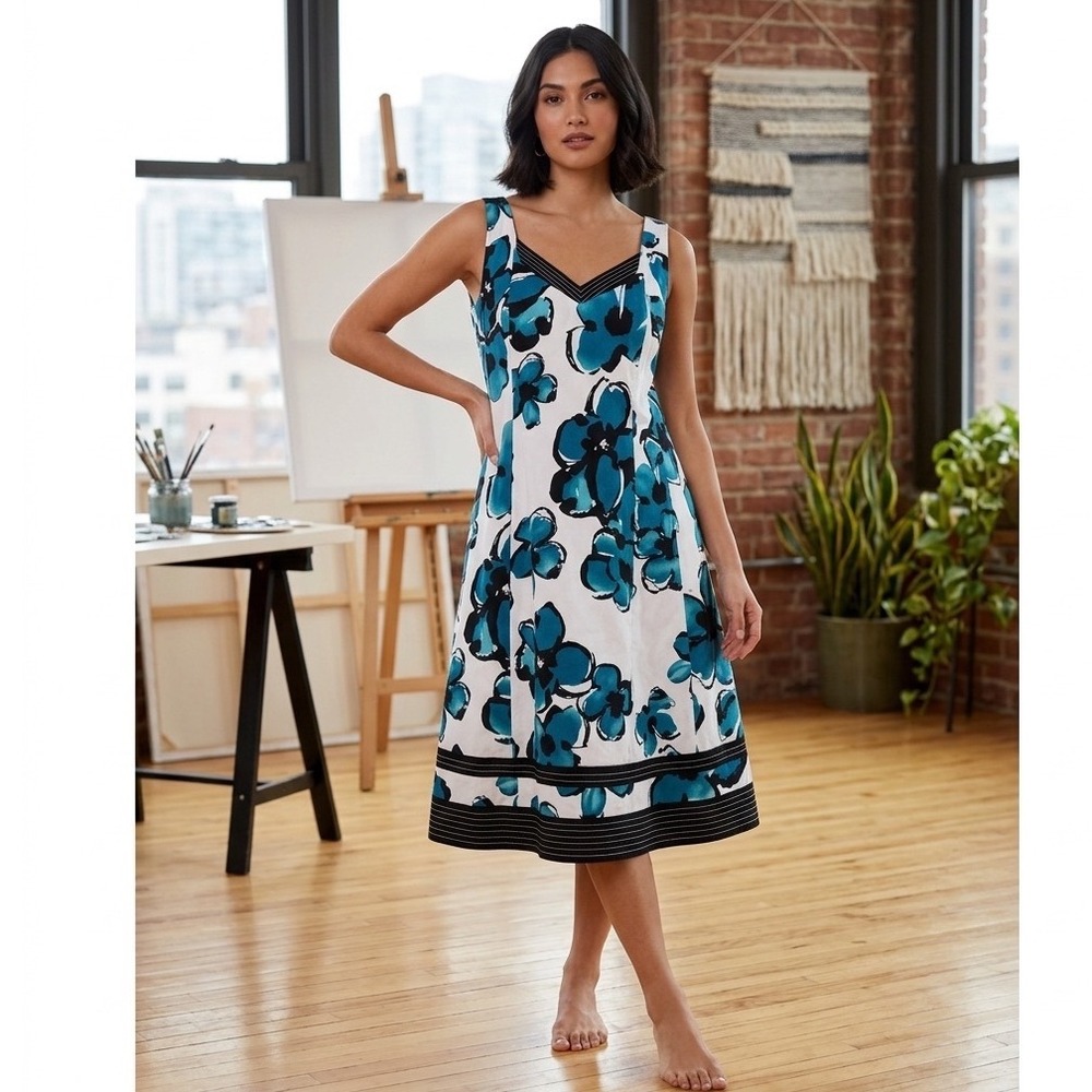 Jones Studio Woman 14W Blue Floral Fit & Flare Dress - Cotton Stretch Coastal